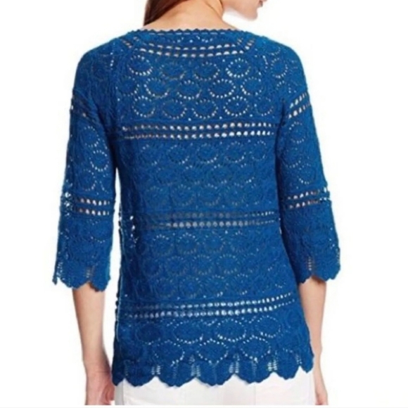 Lucky Brand Blue Crochet Tassle 3/4 Sleeve Scalloped Knit Blouse Top Size Small - Picture 2 of 12